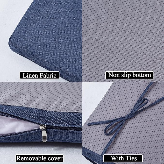 36 x 14 Inch Piano Bench Cushions for Indoor Furniture with Ties Non Slip Kitchen Dining Room Bench seat Cushion for Shoe Storage Ottoman Window Settee Pad，Navy Blue