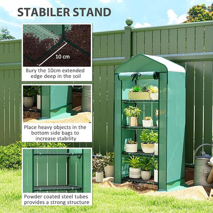 Outsunny 4 Tier Mini Greenhouse with Screen Roof, 27.6" x 19.7" x 62.2", Portable Small Greenhouse with High Strength PE Cover, Roll-Up Zipper Door for Garden Yard Backyard, Green