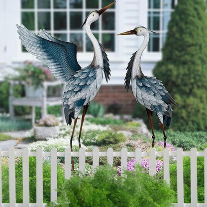 TERESA'S COLLECTIONS Garden Decor, Set of 2 Herons Garden Decor, 23-25", Elegant Herons with Blue Painting, Waterproof Metal Garden Statue, Herons Gifts Birthday Gifts for Women Mom