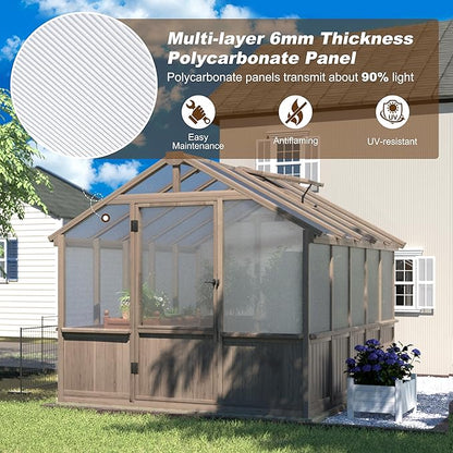 MUPATER 8 x 10FT Wooden Greenhouse with 6mm Polycarbonate Panels for UV Protection and Heat Insulation, Adjustable Ventilated Window & Lockable Door, Walk-in Greenhouse for Outdoors, Patio, Backyard