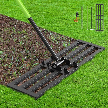 Seeutek Lawn Leveling Rake, 35” x 10” Lawn Leveler with 6.5FT Stainless Steel Handle Rakes for Lawns, 0-180° Adjustable Ground Leveler Tool for Yard, Level Soil Sand Dirt Surfaces