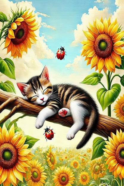 Spring Garden Flag 12x18 Inch Double-Sided Sleeping Kitten Yard Decoration Sunflowers Ladybugs for Outdoor Garden Patio Yard Spring Summer Décor