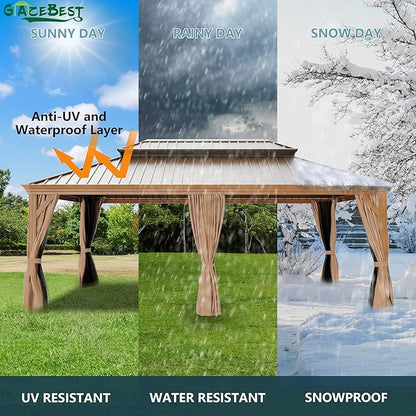 12' X 20' Hardtop Gazebo, Aluminum Wood-Looking Frame Outdoor Permanent Galvanized Steel Double Roof Pavilion Pergola Canopy with Privacy Curtains for Garden, Patio, Backyard, Deck and Lawns.