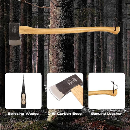 Prandi Axes Yankee C45 Forged Carbon Steel Hatchet - Hickory Handle with Leather String - Ideal for Firewood, Splitting, and Chopping - 35.43" L x 7.95" W, 1800g Head 3.086.18.TH