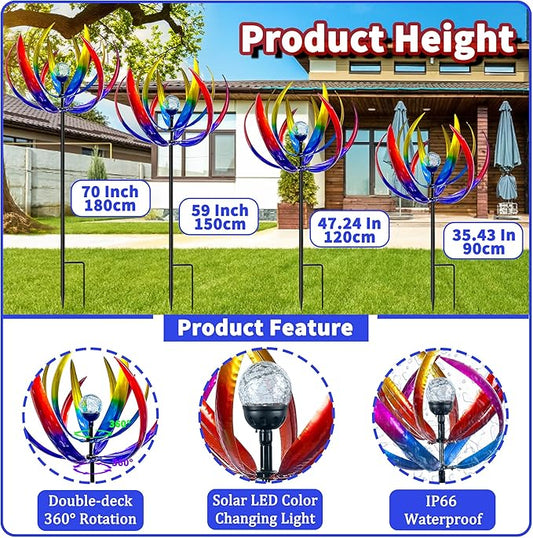 Wind Spinners Outdoor for Yard and Garden - Wind Sculptures & Spinners,70 Inch Wind Spinner with Solar Powered Multi-Color Glass Ball Light for Yard Garden Backyard Lawn Decorations