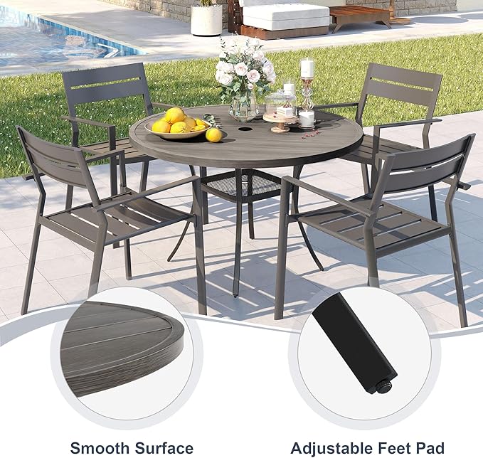 VICLLAX 40.6" Round Metal Outdoor Dining Table for 4, Patio Table with Umbrella Hole and Storage Shelf for Garden, Lawn, Deck, Grey