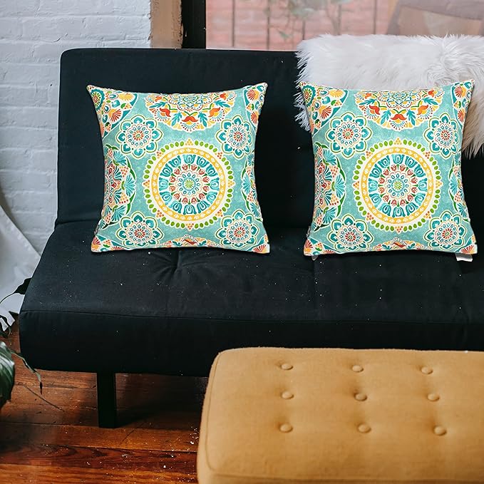 FUNHOME Outdoor Indoor Throw Pillows 18”x18”, Set of 2 Decorative Throw Pillows with Inserts, All Weather Water-Repellent Square Pillows for Bed, Couch, Sofa and Patio Furniture -Cyan Circle