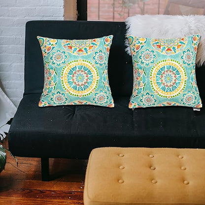 FUNHOME Outdoor Indoor Throw Pillows 18”x18”, Set of 2 Decorative Throw Pillows with Inserts, All Weather Water-Repellent Square Pillows for Bed, Couch, Sofa and Patio Furniture -Cyan Circle