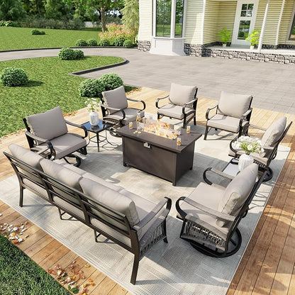10 Pieces Outdoor Patio Conversation Sets with All Weather Cushions, Metal 3-Seater, 4 Swivel Rockers, 2 Single Chairs, 2 Side Tables, 1 Fire Pit Table for Backyard Deck Porch Poolside, Beige