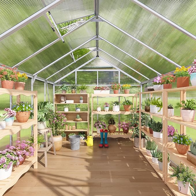 8x10 FT Greenhouse for Outdoors, Polycarbonate Green House with Quick Assembly Structure and Roof Vent, Large Aluminum Walk-in Green House for Outside Garden Backyard, Silver