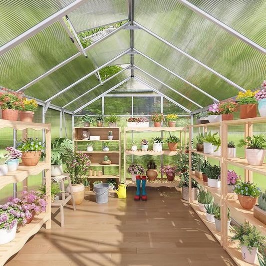 8x10 FT Greenhouse for Outdoors, Polycarbonate Green House with Quick Assembly Structure and Roof Vent, Large Aluminum Walk-in Green House for Outside Garden Backyard, Silver