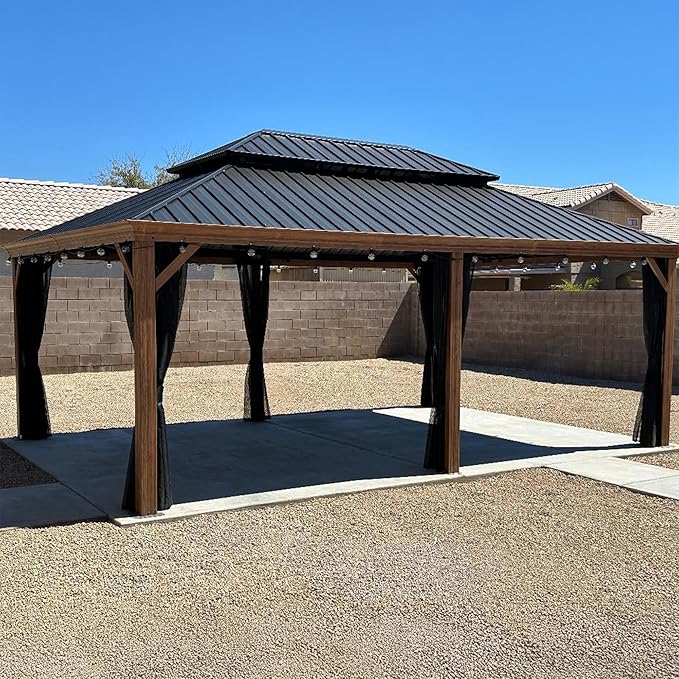 PURPLE LEAF 14' X 20' Outdoor Hardtop Gazebo for Patio Galvanized Steel Double Roof Permanent Canopy Teak Finish Coated Aluminum Frame Pavilion Gazebo with Netting and String Lights