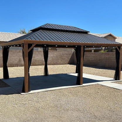 PURPLE LEAF 14' X 20' Outdoor Hardtop Gazebo for Patio Galvanized Steel Double Roof Permanent Canopy Teak Finish Coated Aluminum Frame Pavilion Gazebo with Netting and String Lights