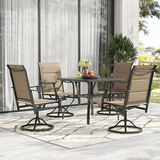 Swivel Patio Chairs Set of 8, Outdoor Patio Dining Chairs with Padded Textilene, Swivel & Rocker Metal Outdoor Dining Chairs All-Weather for Backyard, Brown Fabric with Black Frame