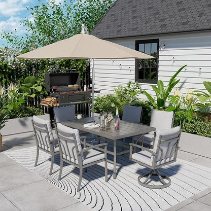 HAPPATIO 7-Piece Outdoor Dining Set - All Aluminum Patio Dining Set for 6 Includes 1 Rectangular Table, 4 Dining Chairs, and 2 Swivel Chairs with Cushions for Lawn, Garden