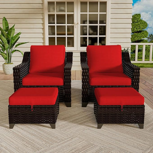 Vista Vibe 4 Pieces Outdoor Patio Conversation Furniture Set - 2 Luxurious Armchairs | 2 Wicker Ottomans, Removable Cushions, Hand-Woven PE Rattan, Office, Porch (Brown/Red)