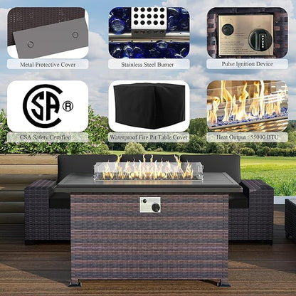 Outdoor Patio Furniture Set with Propane Fire Pit Table, 13 Pieces Outdoor Furniture Patio Sectional Sofa Conversation Sets w/ETL Approved 43" Gas Outdoor Fire Table & Coffee Table(Black)
