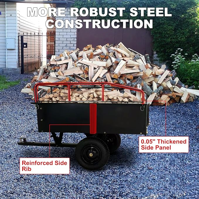 Heavy Duty Steel Dump Cart & Utility Trailer 750LB Capacity ATV/Lawn Tractor Hauler with Dual Dumping Modes (Manual/Foot Pedal), All-Terrain Tires & Dual Bearings for Garden, Farm, Firewood