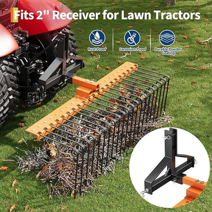 48 in Durable Pine Straw Rake Steel Spring Landscape Rake Fits 2 in Receiver for Lawn Tractors or ATV/UTV, Orange