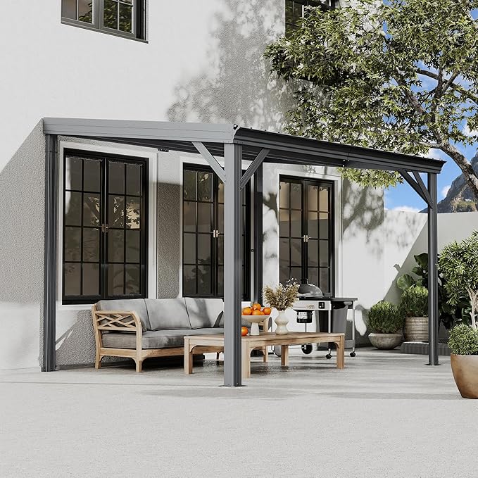 Domi 8'x10' Wall Mounted Hardtop Gazebo, Connectable Lean to Pergola with Gutters & Galvanized Steel Roof, 60MPH Wind Resistance, Outdoor Heavy Duty Metal Awning for Patio, Deck, Backyard - Grey