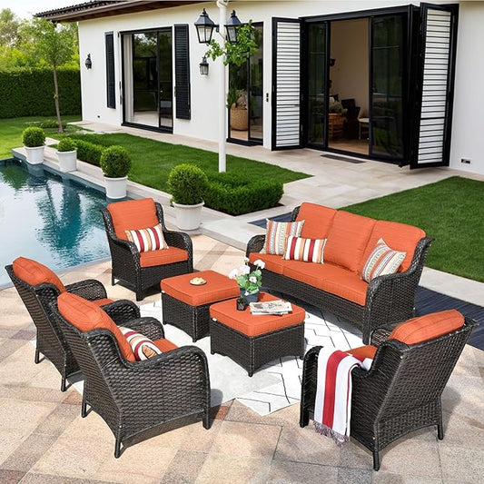 HOOOWOOO Patio Furniture Set,7 Piece Outdoor Furniture,Wicker Patio Conversation Couch Chairs Ottoman Set,Orange Red