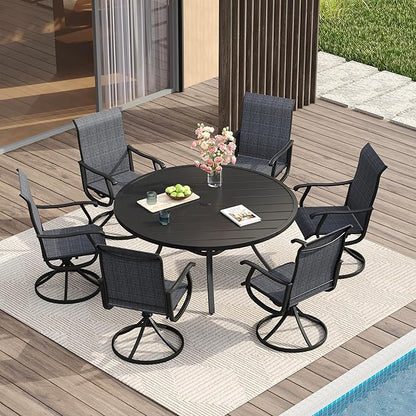 VICLLAX Patio Dining Set for 6, 7 Pieces Outdoor Furniture Includes 47.2" Round Patio Table with Umbrella Hole and 6 Outdoor Swivel Chairs for Lawn Garden, Black Tabletop and Dark Grey Fabric