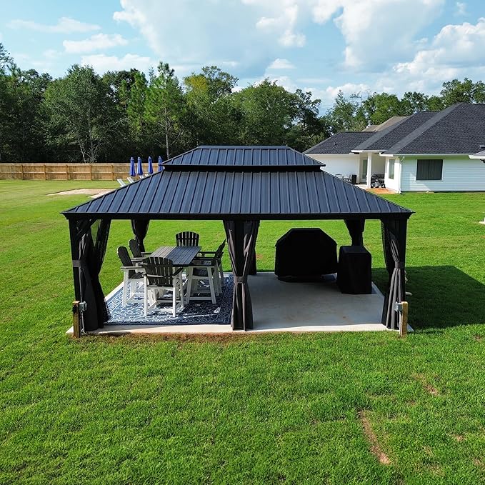 PURPLE LEAF 14' X 20' Outdoor Gazebo with Galvanized Steel Metal Roof Permanent Hardtop Gazebo for Patio Lawn and Garden Large Pavilion Grey