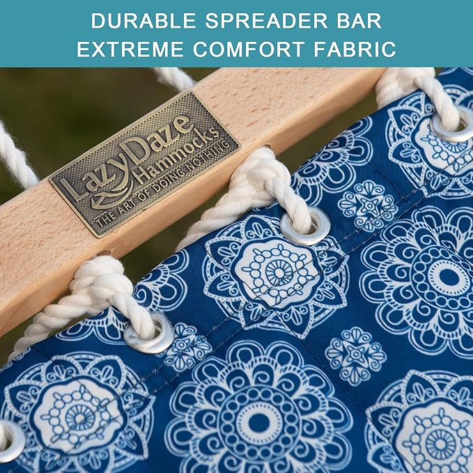 Lazy Daze Hammocks 12FT Quilted Fabric Hammock with Soft Pillow, Double 2 Person Tree Hammock with Spreader Bar for Outdoor Patio Backyard Poolside, 450lbs Weight Capacity, Blue Floral