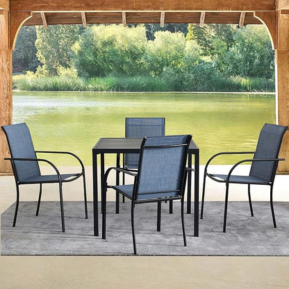 5 Pieces Round Dining Table Set for 4, Patio Dining Set Includes 4 Blue Stackable Patio Chairs and 1 Black Square Table, Patio Furniture Sets with Sling Support for Outside, Garden