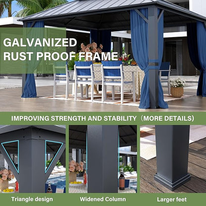 12' x 14' Hardtop Gazebo,Outdoor Galvanized Steel Metal Double Roof Gazebo with Curtains and Netting for Patios,Gardens,Lawns,Navy Blue