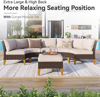 GREEN PARTY 8 Pieces Wicker Patio Furniture Set, All-Weather Outdoor Rattan Half-Moon Curved Patio Sectional Sofa Conversation Set with 4" Thick Cushions for Garden, Backyard, 2 x Ottomans
