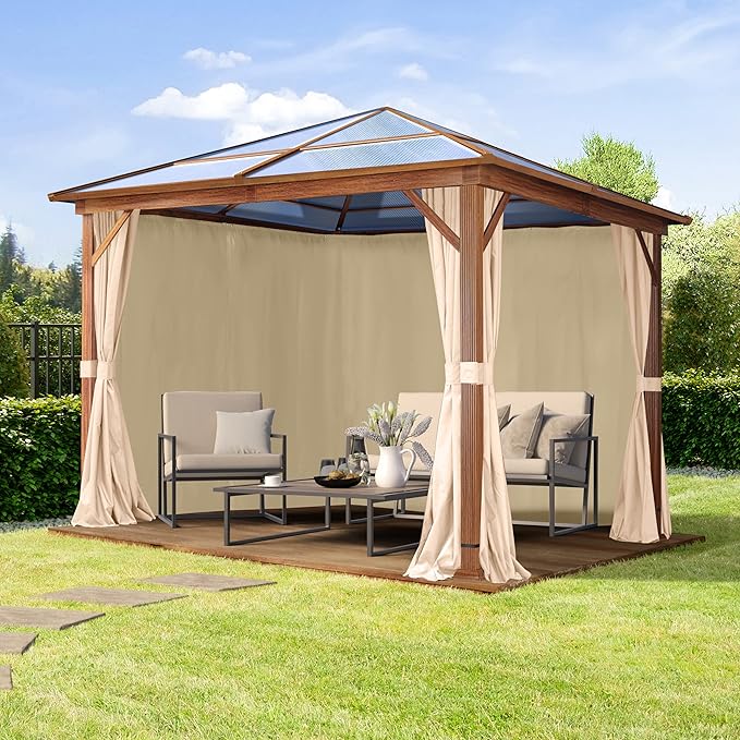 TOOLPORT Hardtop Gazebo 10x10 ft with Polycarbonate Roof - Wood-Like Finish - 4 Side Panels in Champagne