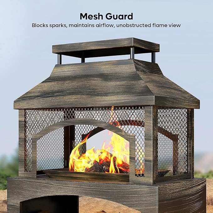 Bestier 37" Fire Pits, Wood Burning Fireplace for Outside Rectangular Chiminea Outdoor Firepits with Poker, Wood Storage, Rain Cover and Removable Fire Grill for Patio, Garden, Backyard, Camping
