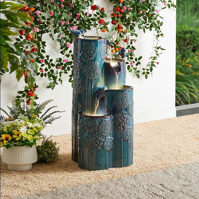 Glitzhome 31.75" H Outdoor Water Fountain with LED Lights and Pump, 4 Tier Dandelion Texture Vase Shaped Ceramic Floor Standing Fountain with Birds for Porch Deck Garden Patio Backyard, Turquoise