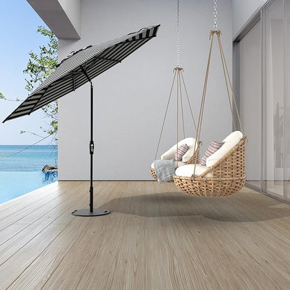 Midtown Umbrellas The Swilt 9 Feet Patio Umbrella in Sunbrella Black & White Acrylic Fabric - Fiberglass Ribs, Auto-Tilt Aluminum Frame For Backyard, Deck, Garden, Pool - White Pole
