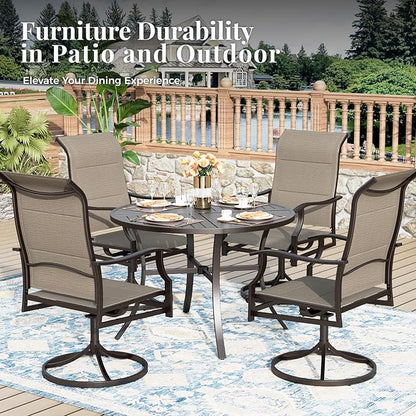 5 Pieces Patio Dining Set, Outdoor Table and Chairs, 4 x Textilene Swivel Dining Chairs and 42" Round Black Table, with 1.57" Umbrella Hole, for Cozy Garden Settings, Grayish Brown