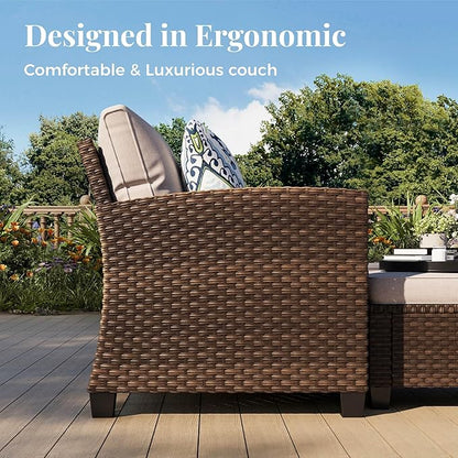 Patio Furniture Set, 6 Pcs Wicker Rattan Outdoor Conversation Set, 2 x Leg Chairs, 1 x 3 Seater Sofa and 2 x Ottoman with 4" Thick Cushion and 56" Fire Pit Table, Beige