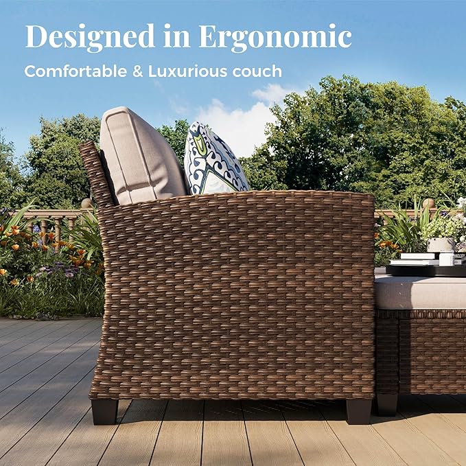 Patio Furniture Set, 8 Pcs Wicker Rattan Outdoor Conversation Set, 4 x Leg Chairs, 1 x 3 Seater Sofa and 2 x Ottoman with 4" Thick Cushion and 56" Fire Pit Table, Beige