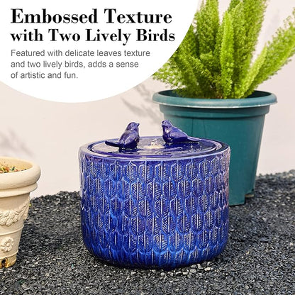 Glitzhome 14.75”H Outdoor Ceramic Garden Water Fountain with LED Lights and Pump, Two Birds Embossed Leaf Pattern Patio Fountain Floor Standing Bird Bath Fountains for Porch Deck Backyard, Cobalt Blue