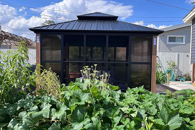 PURPLE LEAF 12' X 14' Patio Hardtop Gazebo Double Top Outdoor Screen House Aluminum Solarium Backyard Sun Room with Detachable Windows and 24 Solar String Light