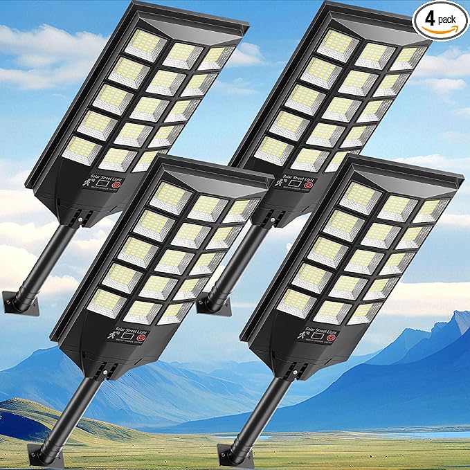 Solar Lights Outdoor for Outside, Waterproof Solar Street Lights Outdoor, 6500K Dusk to Dawn Security Flood Lights Motion Sensor with Remote Control for Yard, 4 Pack