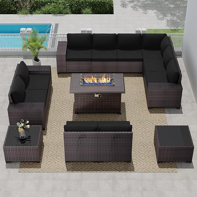 Outdoor Patio Furniture Set with Propane Fire Pit Table, 13 Pieces Outdoor Furniture Patio Sectional Sofa Conversation Sets w/ETL Approved 43" Gas Outdoor Fire Table & Coffee Table(Black)