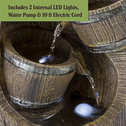 Pure Garden Water Fountain Outdoor Waterfall with Pump and LED Lights - Old Fashioned Rustic Barrel 4-Tier Indoor or Outdoor Fountain - Patio, Deck, Balcony or Backyard Water Fountains with Lights