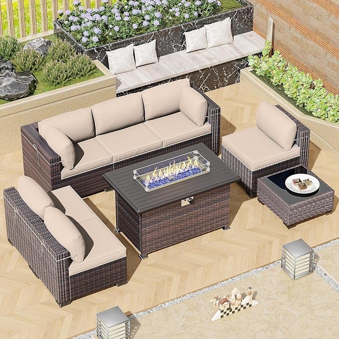 Outdoor Patio Furniture Set with Propane Fire Pit Table, 8 Pieces Outdoor Furniture Patio Sectional Sofa Conversation Set w/ETL Approved 43" Gas Outdoor Fire Table & Coffee Table Brown