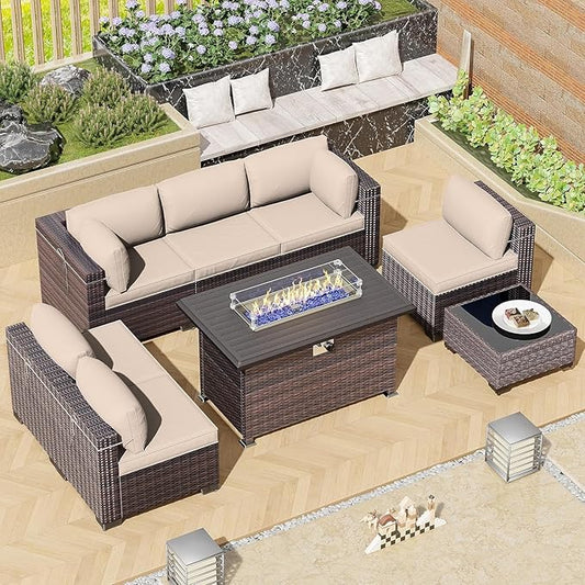 Outdoor Patio Furniture Set with Propane Fire Pit Table, 8 Pieces Outdoor Furniture Patio Sectional Sofa Conversation Set w/ETL Approved 43" Gas Outdoor Fire Table & Coffee Table Brown