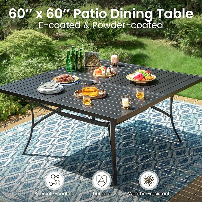 PHI VILLA 9 Pieces Square Outdoor Dining Set for 8, Large Metal Dining Table & Rattan Wicker Chairs with Cushions, Dining Furniture Set for Patio, Deck, Yard, Porch