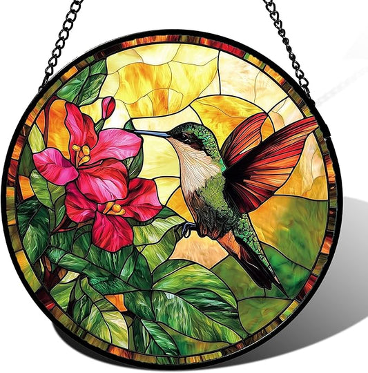 Stained Glass Suncatcher, Hummingbird Red Flowers Green Leaves Sun Catcher Stain Glass Window Hanging Decoration Mother's Day Birthday Gifts for Bird Lover Women Men Mom Nana 9.8 in