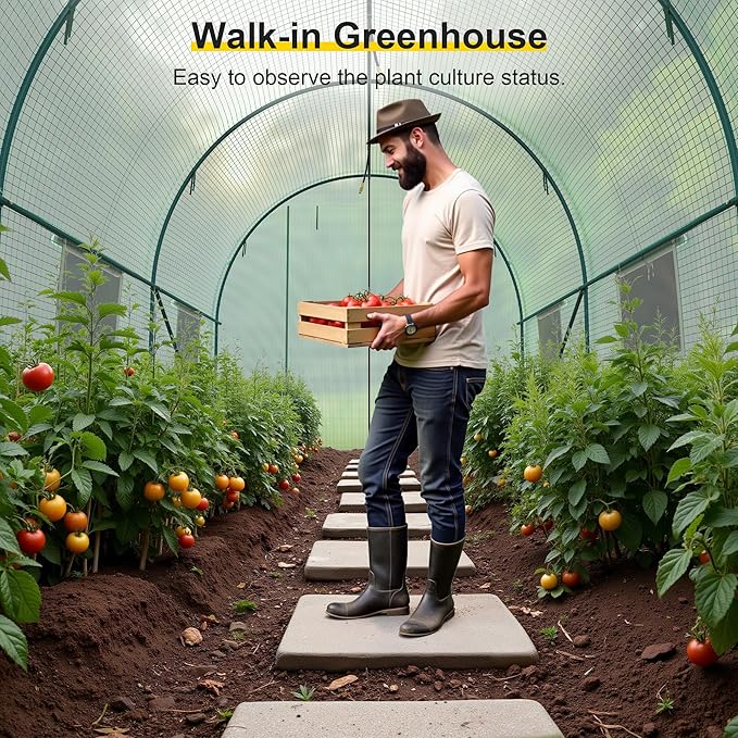 Greenhouse, 10’x7’x7’ Walk-in Greenhouse Heavy Duty Tunnel Green House with 6 Ventilated Mesh Windows & Zippered Roll-up Door, Large Plant Garden Hot House Outdoor with Reinforced Frame
