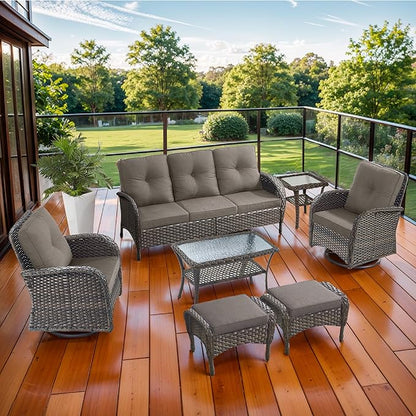 7 Piece Patio Furniture Set - Wicker Patio Conversation Set with Swivel Glider, 3 Seat Sofa, 2 Ottomans, Glass Side Table and Coffee Table for Deck Backyard - Brown Wicker Grey Cushion