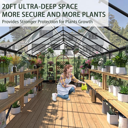 Greenhouses for Outdoors, 8x20 FT Polycarbonate Greenhouses with 4 Adjustable Roof Vents, Walk-in Aluminum Frame Green Houses for Outside with Sliding Doors Fit for Garden, Windproof (8x20FT)